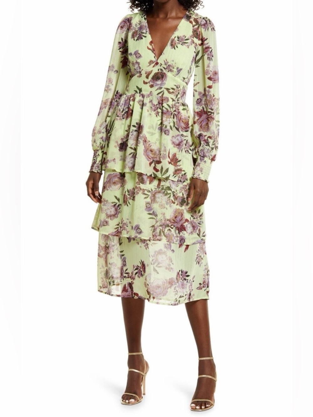 Tiered Floral Midi Dress in Light Green